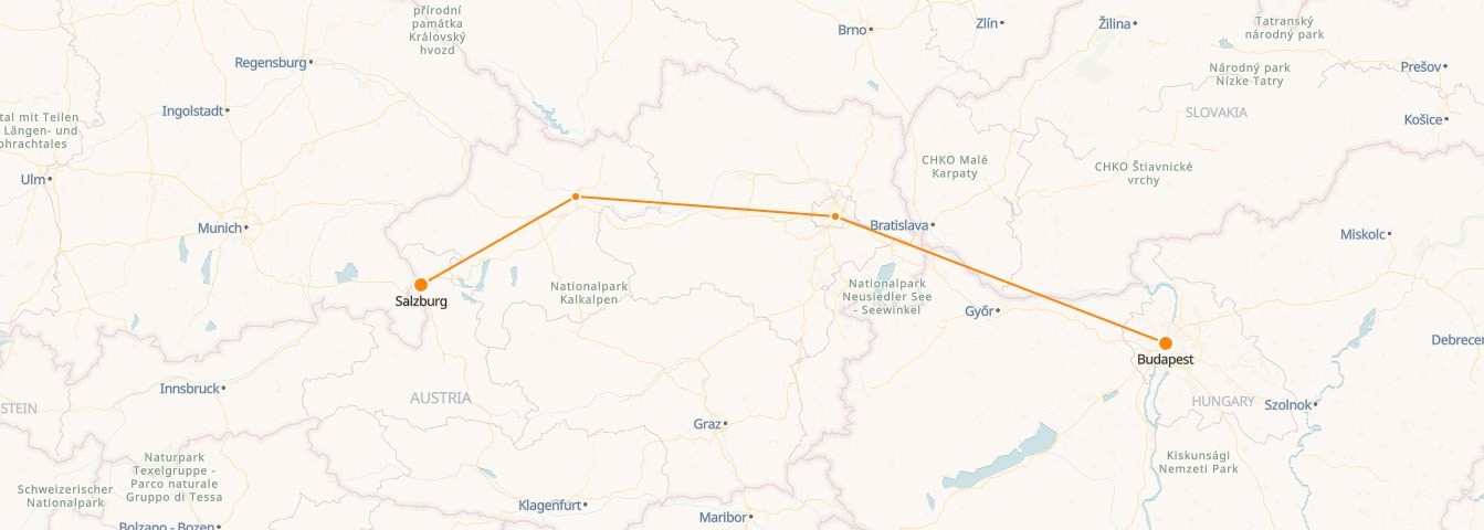 Salzburg to Budapest Railway Map