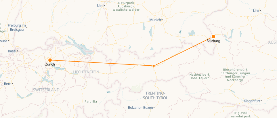 Zurich to Salzburg Railway Map